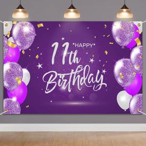 HAMIGAR 6x4ft Happy 11th Birthday Banner Backdrop - 11 Years Old Birthday Decorations Party Supplies for Girls - Purple