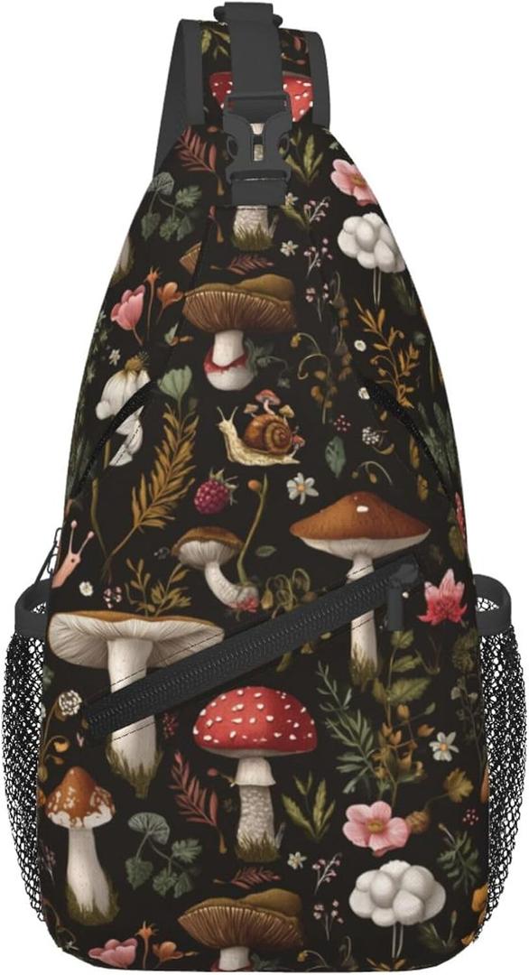Vintage Elephant Sling Backpack Unisex Crossbody Chest Bag Shoulder Chest Bag For Women Men Hiking Travel, Mushroom Snail Berry