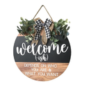 Welcome Sign Front for Door Decoration, 12 in Round Wood Wreaths Wall Hanging Outdoor, Farmhouse, Porch, for Spring Summer Fall All Seasons Holiday Christmas
