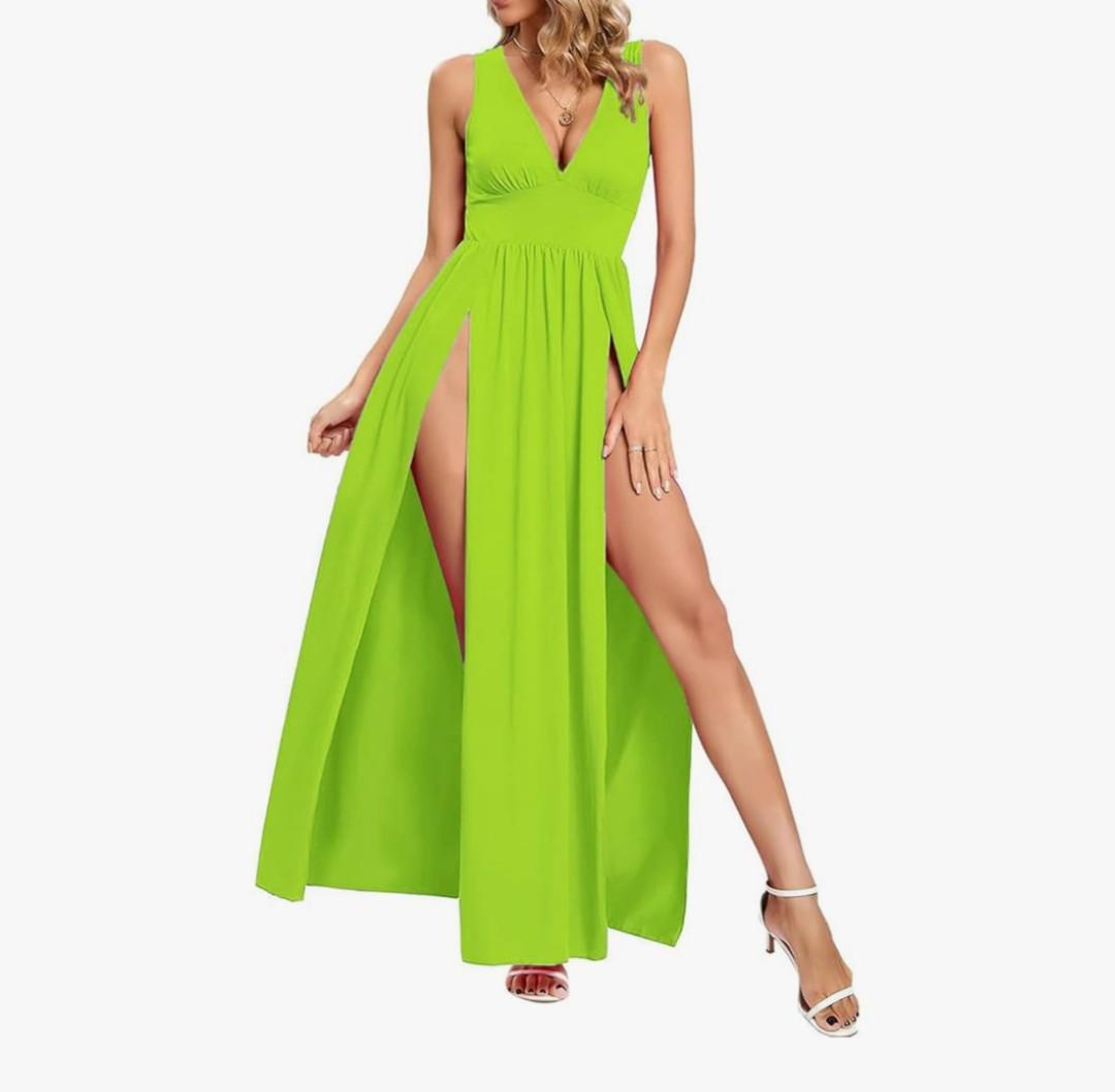 SILUI Women's Summer 2025 Sexy Double High Slit Deep V Neck Plus Size Sundresses Thigh Split Maxi Club Party Dresses, Fluorescent Green S