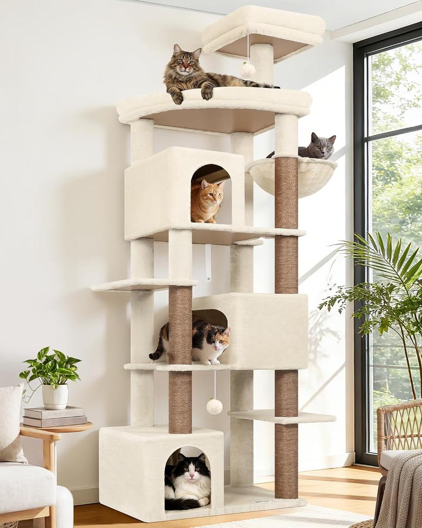 Globlazer 80in Extra Large Cat Tree Tower for Large Adult Cats, Heavy Duty Cat Condo Stand with Oversized Fan-Shaped Perch & 6 Sisal Scratching Posts, S80, Beige