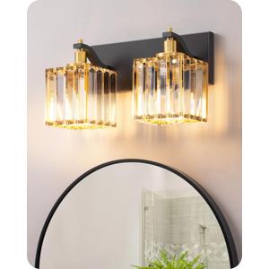 EDISHINE Bathroom Light Fixtures, Crystal Bathroom Vanity Lighting Fixtures Over Mirror, 2 Light Vanity Lights for Bath, Powder Room, E26 Base, Black Gold