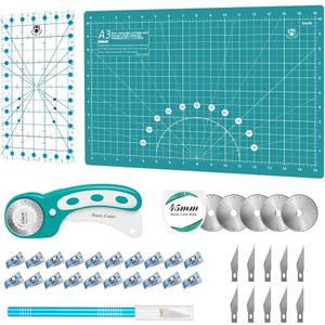Headley Tools Rotary Cutter Set - 45mm Fabric Cutter, 5 Extra Rotary Blades, A3 Cutting Mat, Quilting Ruler and Sewing Clips, Craft Knife Set, Ideal for Crafting, Sewing, Patchworking,Turquoise