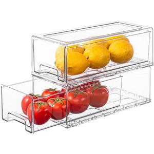 Clear Stackable Refrigerator Organizers and Storage Drawers - Pull-Out Fridge Bins with handles for KitchenPantryCabinetBathroom, UndersinkCloset (2 Pack)