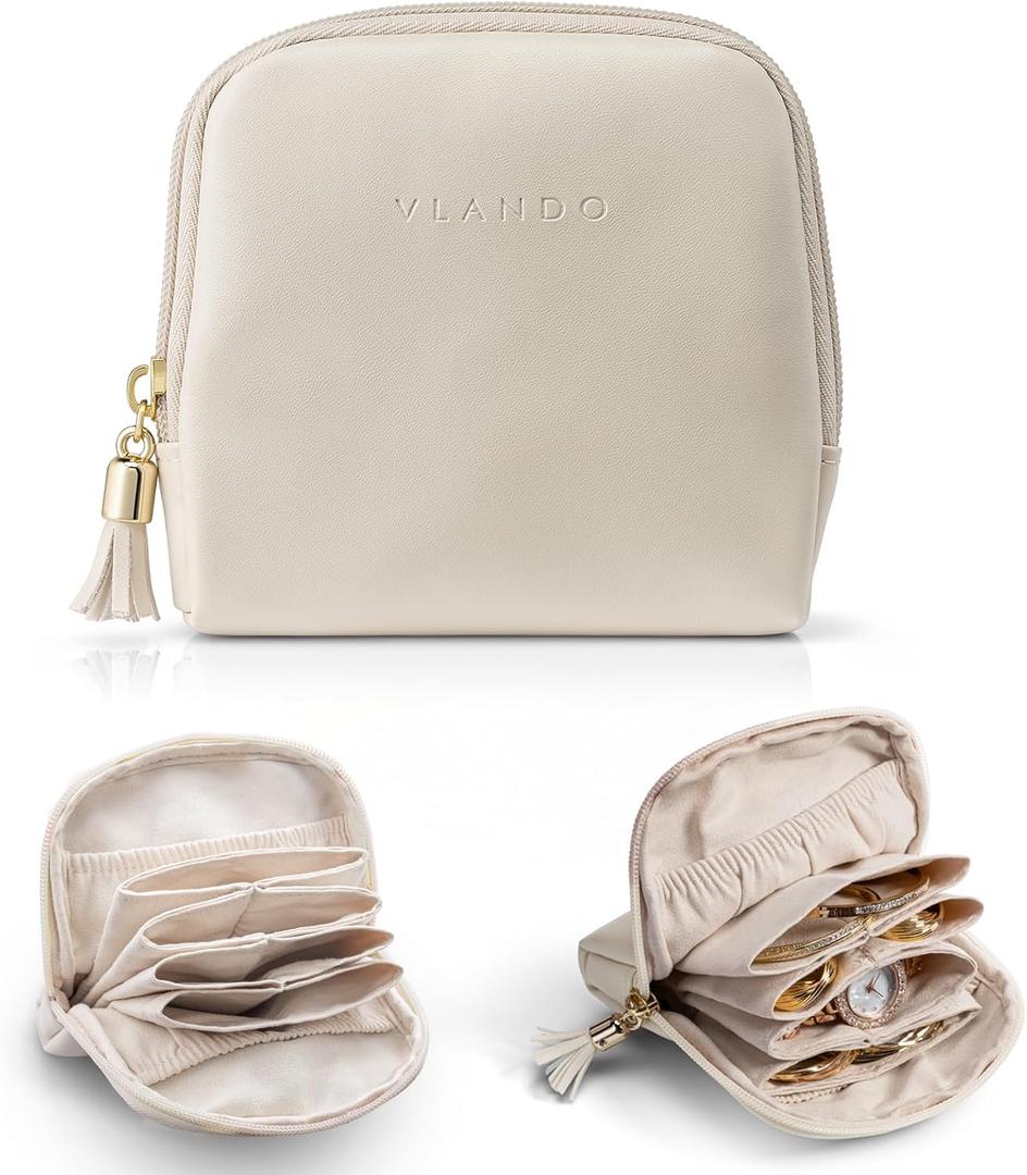 VLANDO Small Travel Jewelry Case,Wedding Gifts for Women,Jewelry Pouch Bags with Zipper,Velvet Jewelry Organizer Storage Bag for Bracelet Rings Earring-Cream White