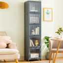 Bookcase with Clear Doors, 5-Tier Tall Bookshelf with Storage Cabinet, Bamboo Book Shelf and 5 Cube Organizer Book case for Living Room, Freestanding Storage Cabinet (5-Tier Grey)