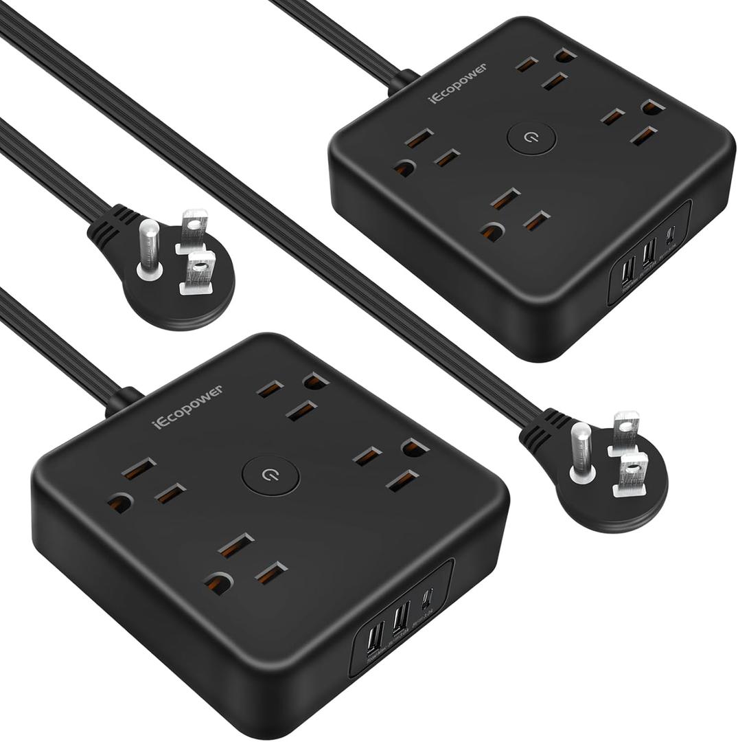 2 Pack Ultra Flat Plug Power Strip,Power Strips with Surge Protection-4 Widely Outlets,6 ft Flat Plug Extension Cord with 3 USB Ports(1 USB C Port),Slim Desk Charging Station,Black