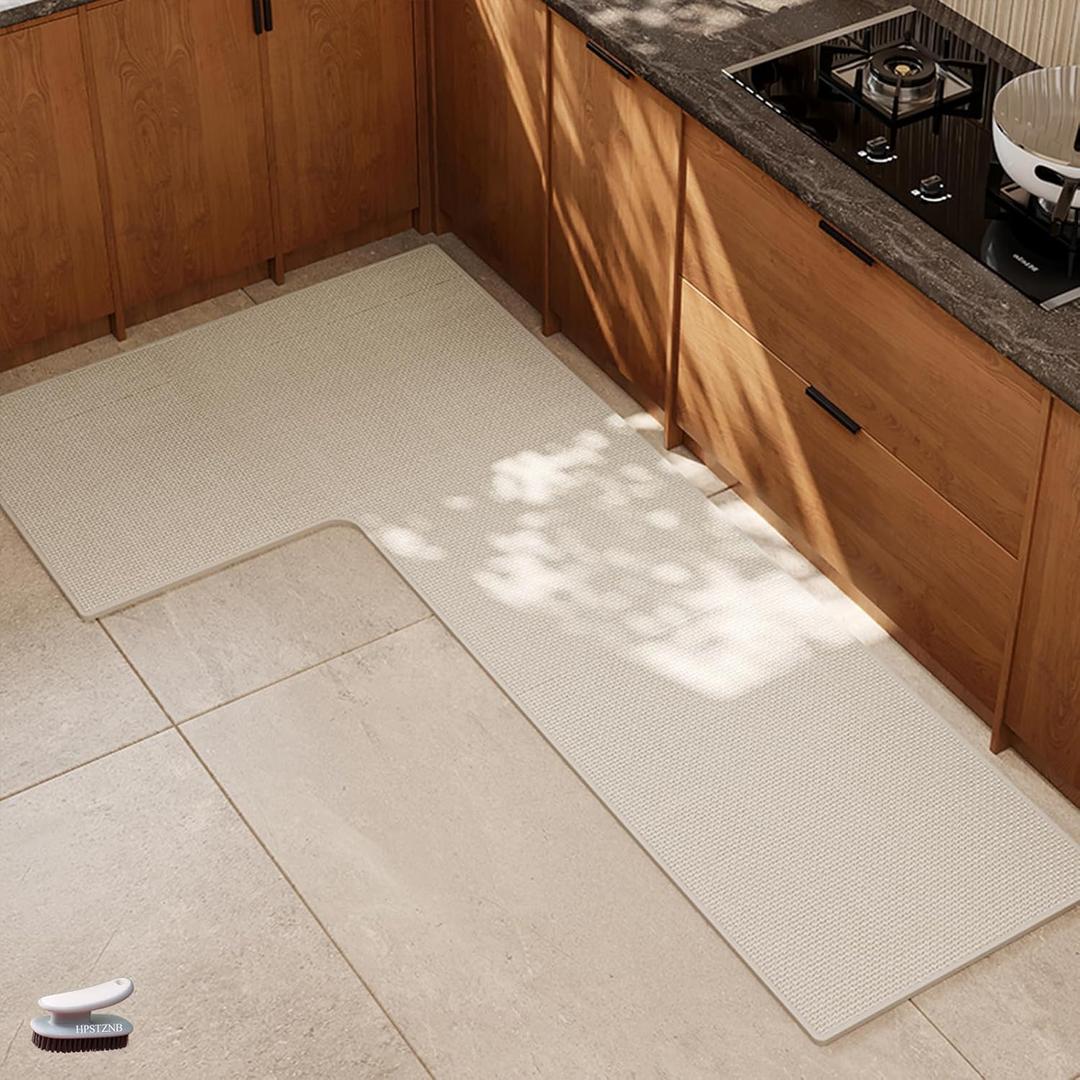 L Shaped Rug Corner Kitchen Rugs Non Slip Washable Mat, L-Shaped Rug Super Absorbent Corner Kitchen Mats Rubber Waterproof Corners Area Runner Kitchen Sink Floor Mat (Beige Right-L, 39.4X47.2X17.7)