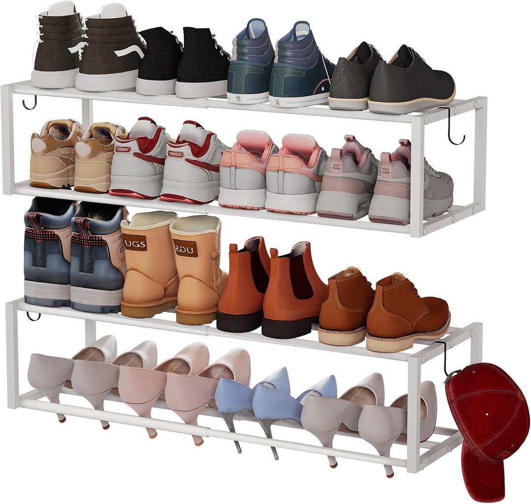 2 Pack Expandable Wall Mounted Shoe Rack, 17"-31" Adjustable Hanging Shoe Rack Holds 16 Pairs, Heavy Duty Metal Shoe Holder with 4 Storage Hooks, Space Saving for Entryway Closet DoorwayWhite
