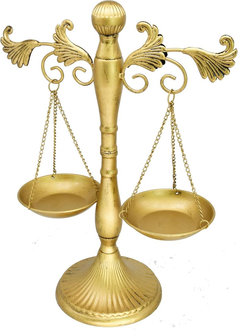 OwlGift Vintage Metal Libra Jewelry Display, Antique Scale Tray Cosmetic Organizer, Farmhouse Candleholder Lawyer of Justice, Unique Centerpiece Stand Storage  Golden,13.6" W x 18.3" H