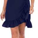 Womens Long Sleeve Round Neck Ruffles Wrap Dresses Party Dress (Blue)