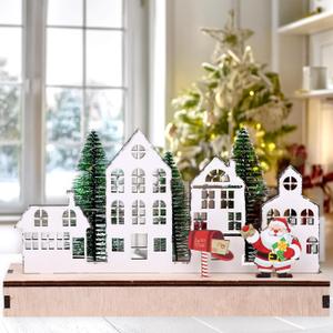 CCINEE Pre-Lit Wooden Christmas House Tree Tabletop Decor, LED House Tree with Lights Luminous Wood House Tabletop Decor for Winter Xmas Holiday Party
