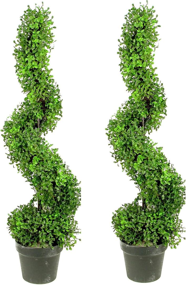 Admired By Nature 36" Artificial Boxwood Spiral Topiary Tree in Plastic Plant Pot - For Home Decor, Indoor, Outdoor, Crafts, Offices - Set of 2, Green