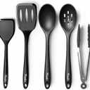 Silicone Cooking Utensils Set, Heat Resistant and large Non Stick Spatulas & Spoons for Kitchen, Ideal BPA Free Kitchen Turners for Frying, Mixing,Serving,Draining,Turning (5-Pack Utensil Set_Black)