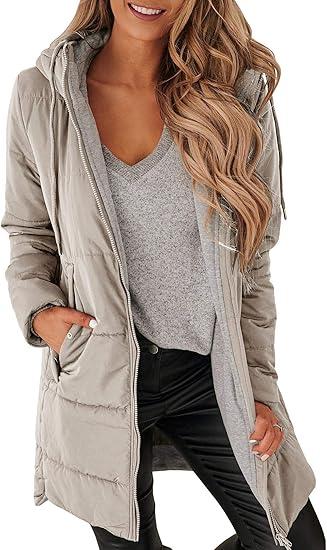 Auburet Womens Warm Puffer Down Jacket Hooded Winter Warm Mid Quilted Coat with Pockets, XL, BEIGE