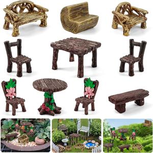 Morofme 10 Pcs Mini Garden Furniture Ornaments Miniature Table and Chairs Resin Bench Chair Kit Garden Furniture Accessories for Cake Topper Micro Landscape DIY Craft Succulent Flower Pot Decorations