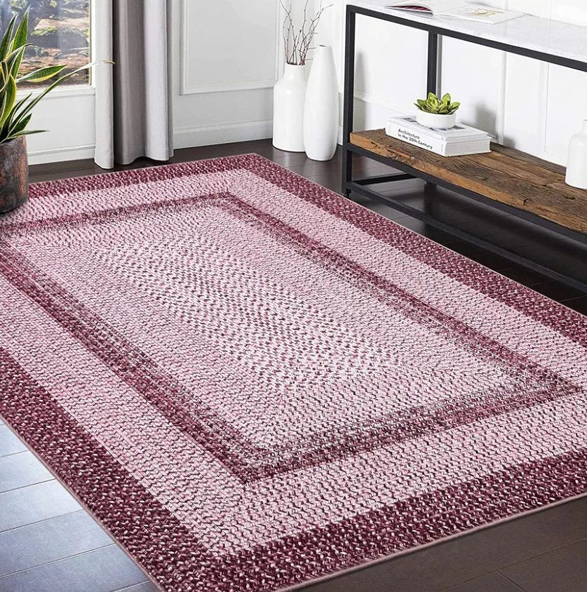 Washable Area Rug for Living Room Indoor Mats for Entryway Soft Bedroom Rug Non Slip Modern Braided Print Area Rug Farmhouse Throw Rugs Low Pile Stain Resistant Carpet 48x72 inch Pink