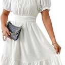 LIGHT DOT Women's Summer Short Dress Tie Back Milkmaid Dress Swiss Dot Puff Sleeve Square Neck Casual (White,S)