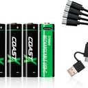 Coast AA USB-C Rechargeable Batteries, ZITHION-X, Lithium Ion 1.5v 2400 mAh, Long Lasting, Charges Under 2.5 Hours, Charging Cable Included, 4-Battery Pack
