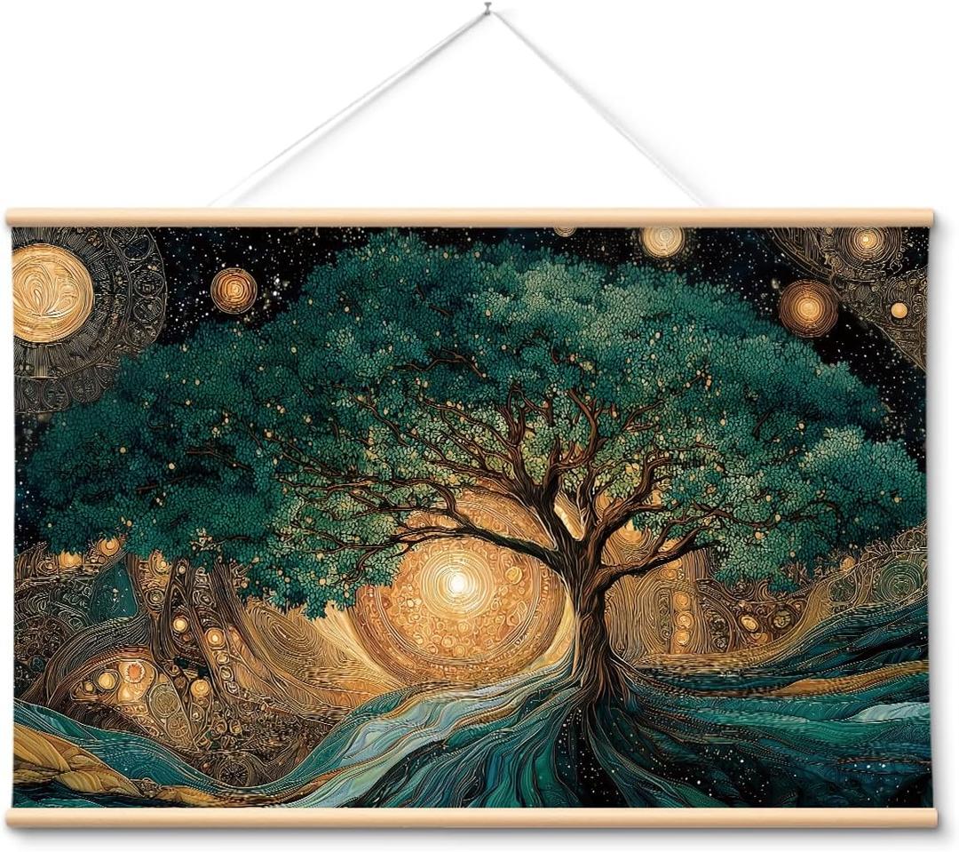 VIYYIEA Extra Large Canvas Wall Art, Tree of Life Abstract Wall Hanging with Wooden Scroll Frame, Spiritual Nature Decor for Living Room Bedroom Meditation Space, 36x54 Inch