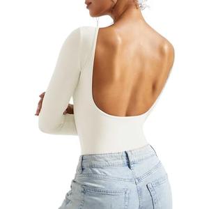 SUUKSESS Women Backless Y2k Long Sleeve Bodysuit Double Lined Open Back Sexy Basic Top, S, Pearl