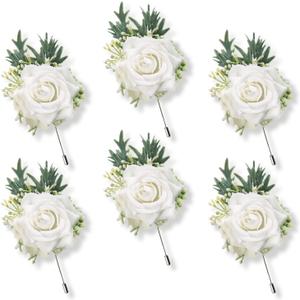 6pcs White Rose Boutonnieres for Wedding Prom Homecoming and Party | Artificial Silk Rose Boutonnieres for Groom and Groomsmen, Men Suit Lapel Decoration