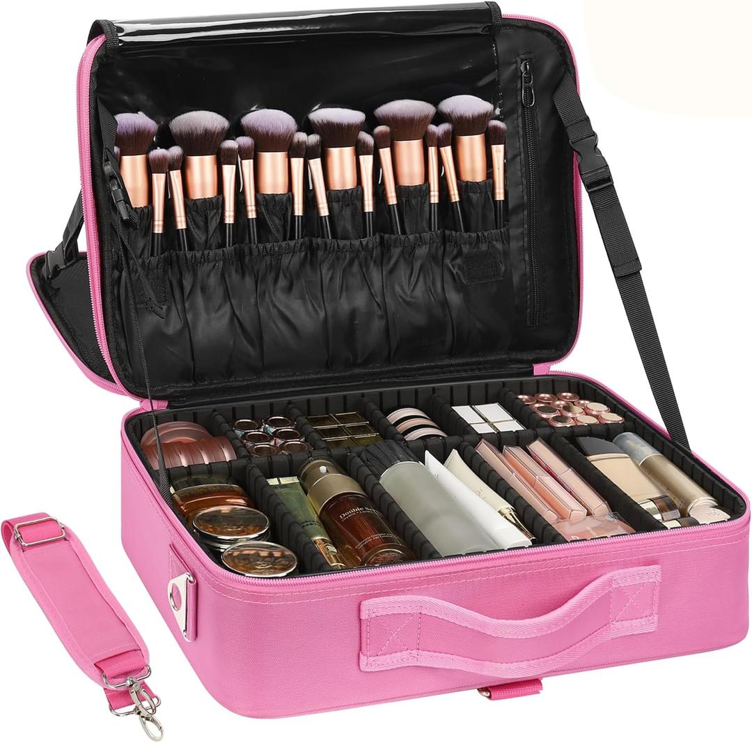 Relavel Makeup Case Large Makeup Bag Professional Train Case Travel Cosmetic Organizer Brush Holder Waterproof Makeup Artist Storage Box, 3 Layer Large Capacity, with Adjustable Strap, Rose Pink