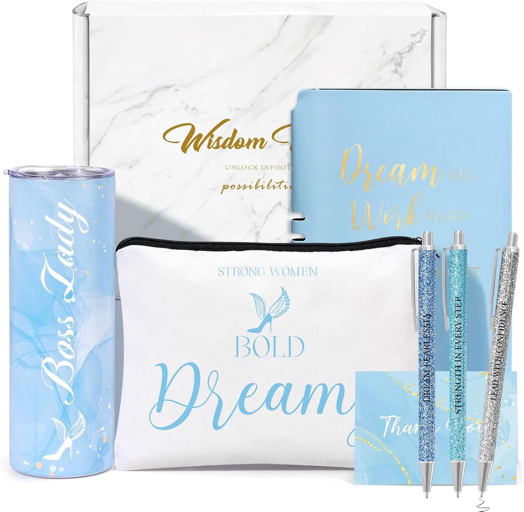 6 Pcs Boss Lady Gifts for Women Thank You Gifts for Women Employee Appreciation Gift 20 oz Boss Lady Tumbler Makeup Bag Leather Journal and Ballpoints Gift for Coworkers Female