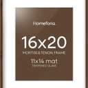 Homeforia 16 by 20 Picture Frame Brown Wood, Mortise & Tenon Walnut 16x20 Poster Frames with Mat 11x14 for Wall, 20x16 Dark Wooden Frames Matted to 11 x 14 inch Art, Tempered Glass, Wall Kit, Set of 1
