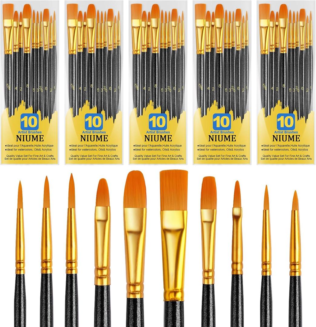 Acrylic Paint Brushes Set, 50Pcs Round Pointed Tip Artist Paintbrushes for Acrylic Painting Oil Watercolor Canvas Boards Rock Body Face Nail Art, Halloween Pumpkin Ceramic Crafts Supplies, Black