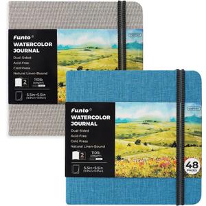 Funto Watercolor Journal, Square, 5.5x5.5, Portable 2-Pack, 48 Pages Each, Gray&Blue Cover, 110lb/230gsm, Art Supplies for Mixed Media