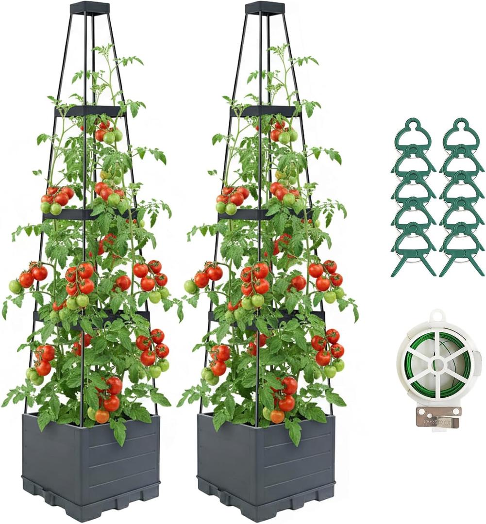 2 Pack Raised Garden Bed Planter Box with Trellis, 58 Tomato Planter with Trellis for Climbing Plants Vegetables Vine Flowers, Self-Watering Tomato Cage for Garden Patio Outdoor & Indoor