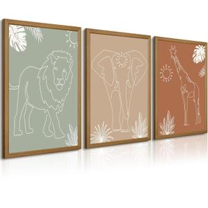 Safari Nursery Wall Art Pictures Baby Animal Canvas Wall Decor Boho Jungle Wall Art Kids Minimalist Poster Elephant Giraffe Lion Prints Nursery Safari Artwork for Bedroom 12x16 Inch Wood Framed Set of 3