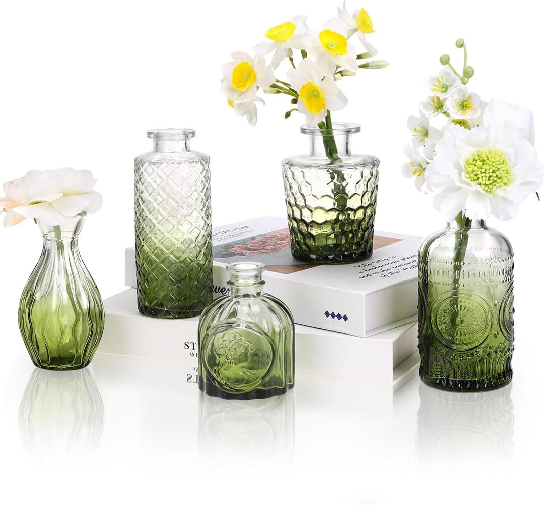 5pcs Green Glass Bud Vase Set, Small Flower Vases for Centerpieces in Bulk, Mini Vintage Vase for Home, Wedding, Table Decor