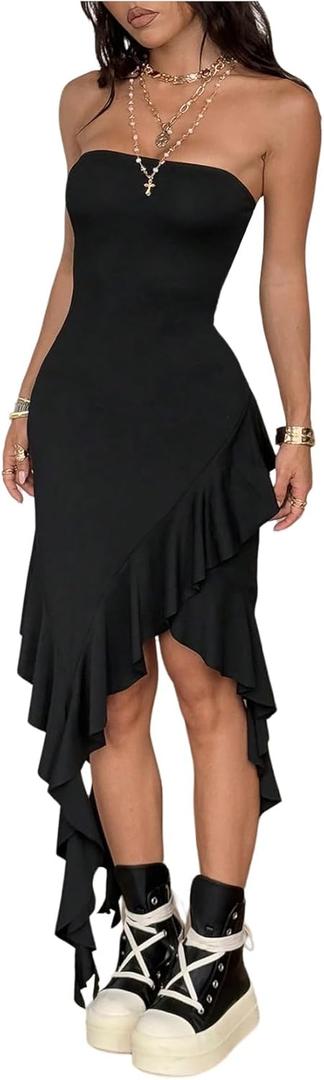 Floerns Women's Grunge Strapless Tube Tops Dress Asymmetrical Ruffle Trim Y2k Midi Dresses (Medium, Black)