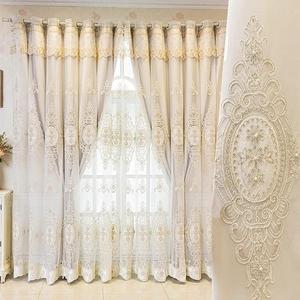 Amidoudou 1 Pair European Double Layer Curtains with Valances for Living Room Bedroom Luxury 3D Flower Embroidered Curtains (Beige,52x96 Inch)
