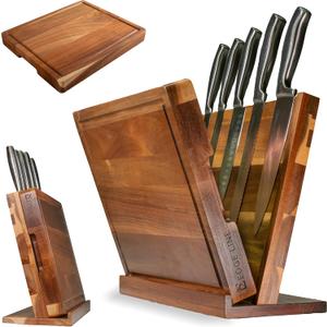 EDGE LINE Magnetic Knife Block Holder With Large 14 x 12 Inch Cutting Board, Premium Acacia Hard Wood Magnetic Knife Holder Rack for Kitchen Counter, 1.5 Inch Thick Butcher Block Cutting Board