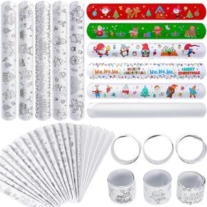 Liliful 72 Pcs Christmas Color Your Own Slap Bracelets Wristbands Xmas Slap Bands DIY Blank Snap Bracelet Christmas Creation Crafts for Kids, 5 Styles