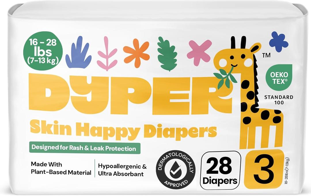 DYPER - Baby Diapers Size 3 (28 Count) - Plant Based Disposable Diapers for Day and Overnight Premium Leak Protection, Skin-Friendly Comfort with Soft Size 3 Diapers (16-28 lbs)