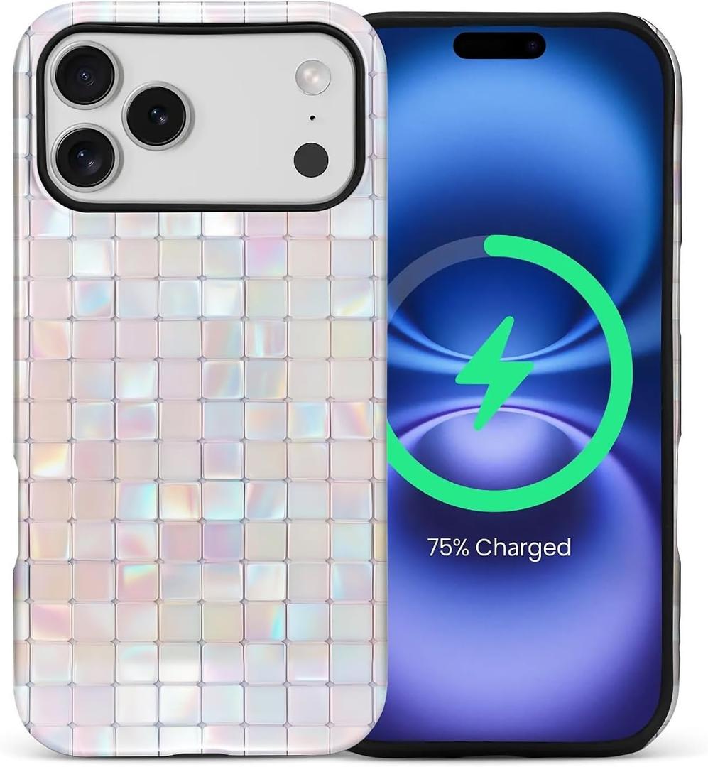 for iPhone 17 Pro Max Case for Women Girl Men Boy, Compatible with MagSafe, Shockproof Soft Silicone & Hard PC Shell Protective Case for iPhone 17 Pro Max - Pink Tones Glass Mosaic