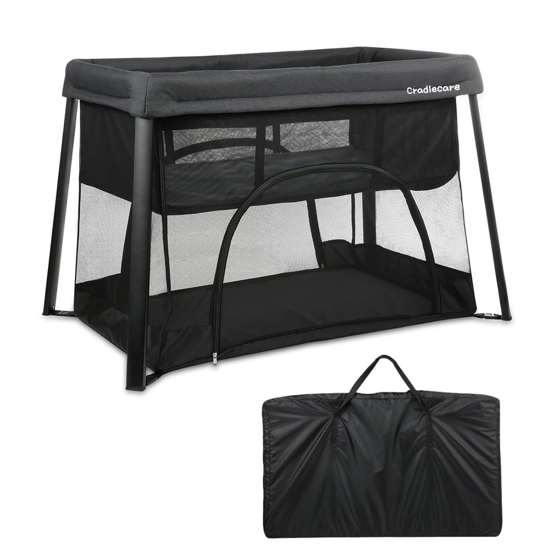 Pack and Play with Bassinet & Mattress, Lightweight Portable Baby Bed, Foldable Travel Bassinet Playard with Storage Bag, Easy Setup Playpen for Babies & Toddlers (Black)