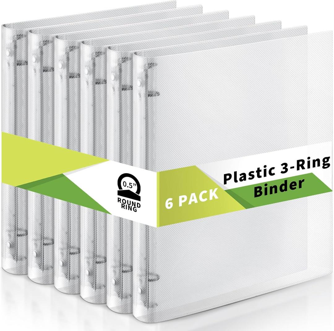 Crtiin 6 Pack Clear 3 Ring Binder, Plastic 3 Holes Binder, O Ring, 0.5 Inch