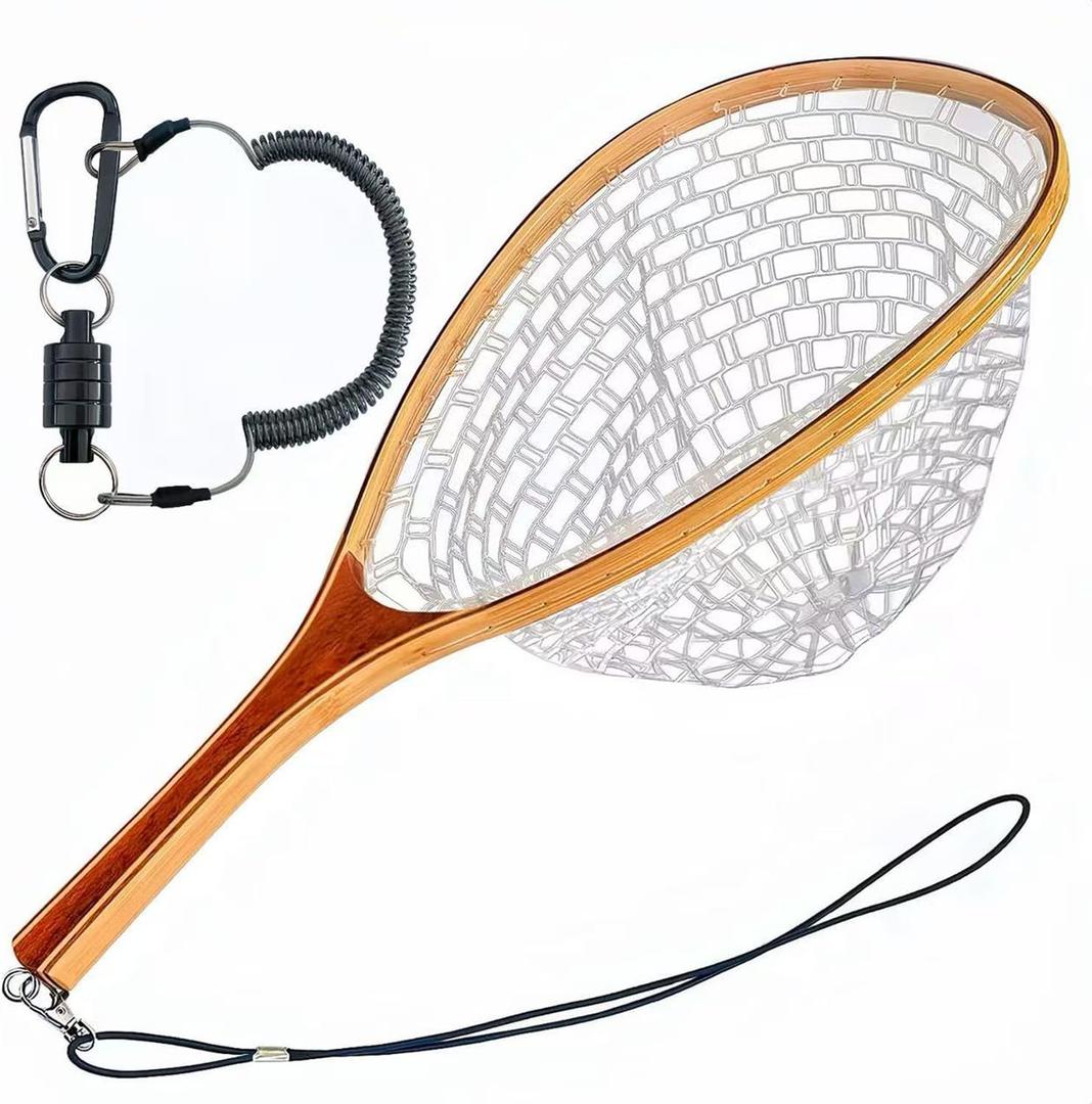 Fly Fishing Net Landing Trout Net Bass Soft Rubber Catch and Release Fish Net with Wooden Handle Frame Magnetic Fly Fishing Accessories Fly Fish Net