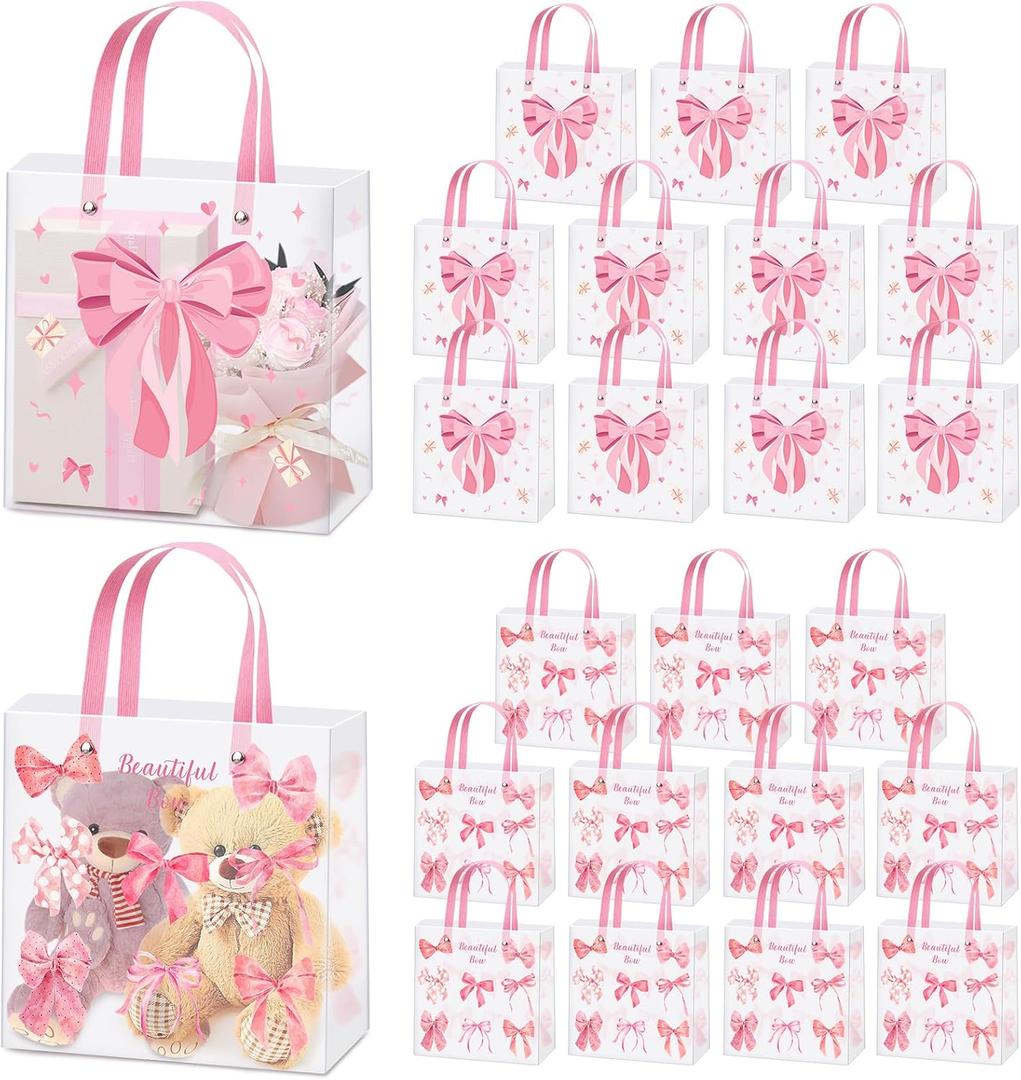 FACULX Pink Bow Clear Gift Bags with Handles, Reusable Frosted Plastic Gift Bag Pink Coquette Bowknot Party Favor Bags for Party Baby Shower Wedding Birthday (24)