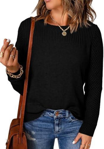 EVALESS Womens Sweaters Casual Long Sleeve Crewneck Cable Knit Lightweight Oversized Crochet Sweater Pullover Tops Medium
