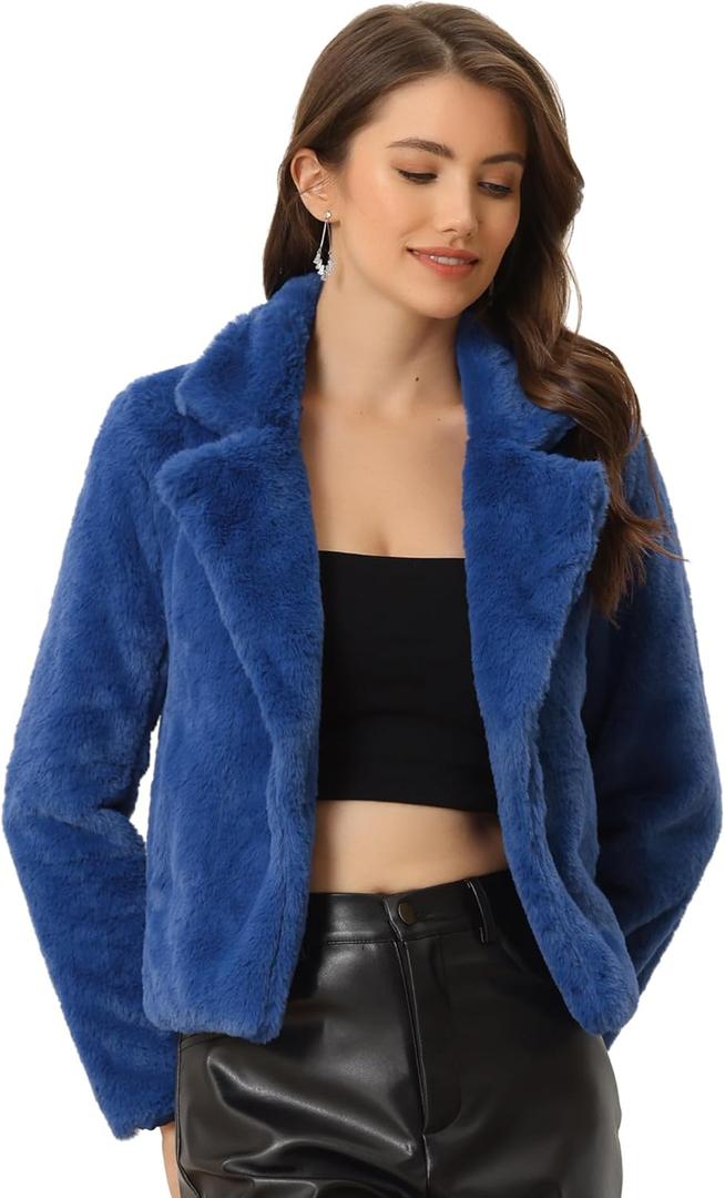 Allegra K Women's Cropped Faux Fur Jacket Lapel Cardigan Shrug 2024 Winter Fluffy Faux Fur Coat (Large, Royal Blue)