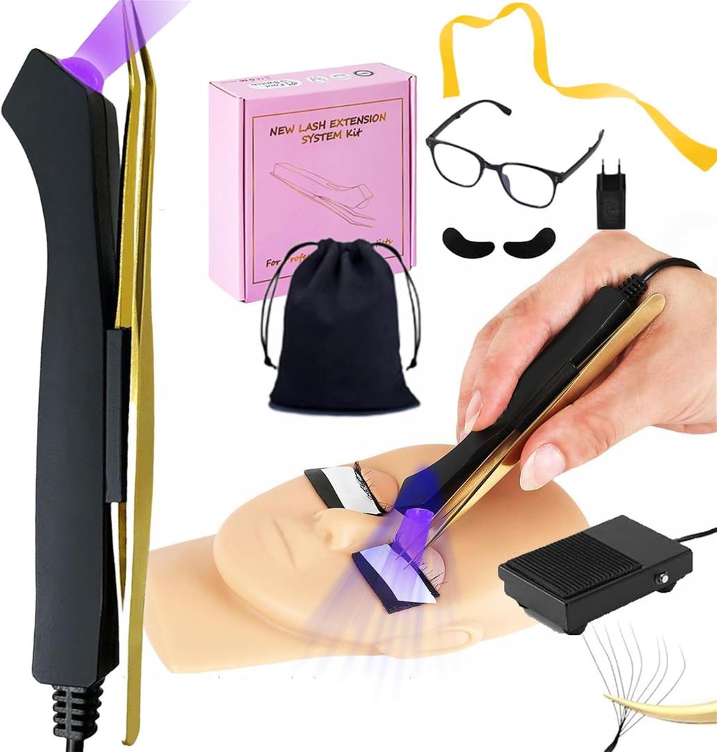 Uv Lash Lamp with Foot Pedal Portable Eyelash Extension Lamp Uv Eyelash Extension Curing Lamp for Nails Art, Uv Lash Light for Eyelash Extension Light with Tweezers for Beauty Salon (Black)