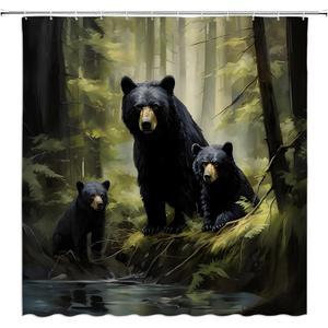 Black Bear Shower Curtain Rustic Green Forest Cabin Wildlife Animal Family Hunting Lodge Country Camping Farmhouse Bathroom Curtain Set with Hooks(70" WX70 H)
