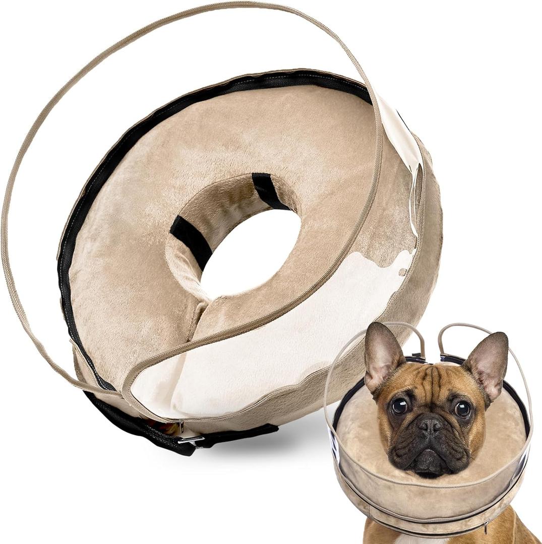 BARKLESS Dog Cone, Inflatable Dog Cone After Surgery for Small Medium Breeds, Soft Surgery Collar with Enhanced Anti-Licking Guard Shield for Pets, Patented Protective Donut Collar (M (Neck: 8"-11"), Tan)