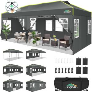 COBIZI 10x20 Pop Up Canopy Tent with 6 Removable Sidewalls, One Push Party Tent Outdoor Waterproof Event Canopy with Air Vent for Parties Commercial Wedding, 3 Height, Carry Bag, Sandbag, Gray